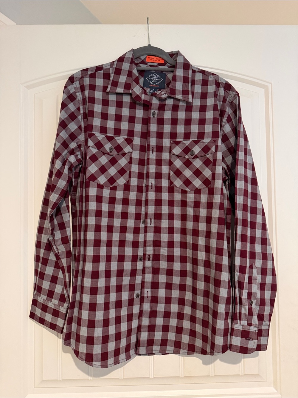 St. John's Bay Burgundy and Gray Plaid Button-Down Shirt Medium